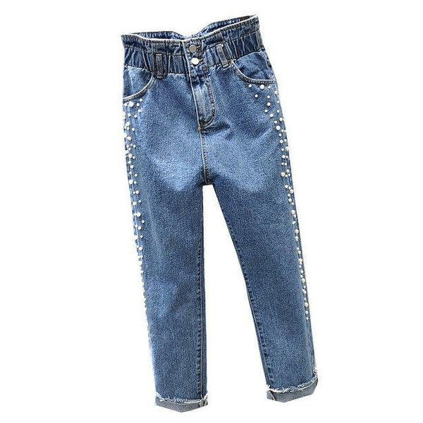 Streetwear Pearl Hole Jeans Female Casual Pocket Skinny Pencil Jean Pants Destroyed Ripped Denim Jean Women Trousers