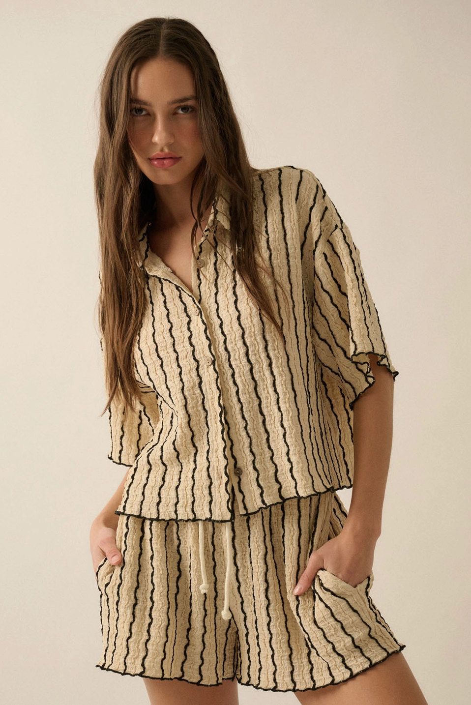 Striped Textured Knit Set - Button Up + Drawstring