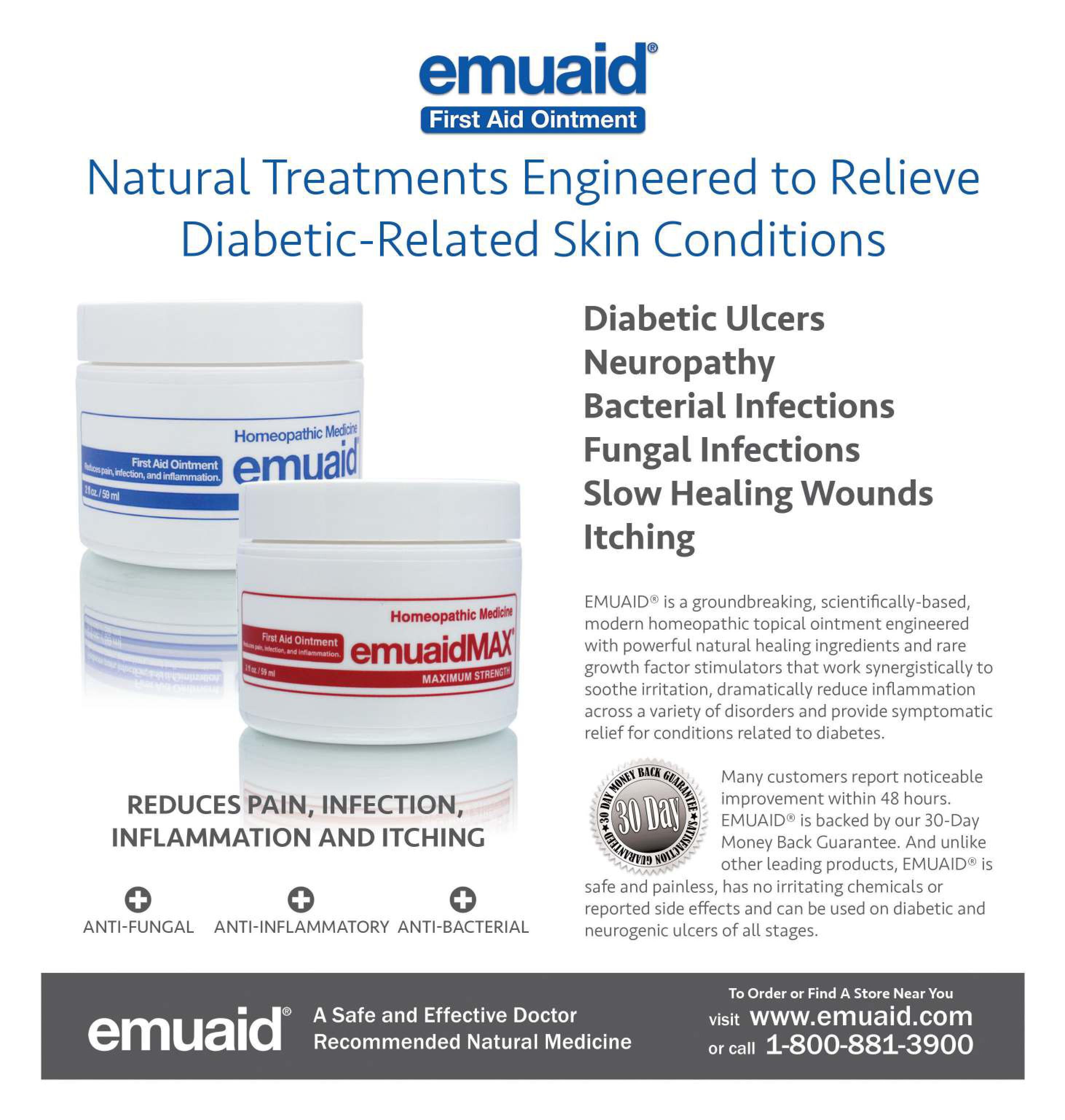 A picture of an infographic for skin conditions with Emuaid 2oz and Emuaidmax 2oz
