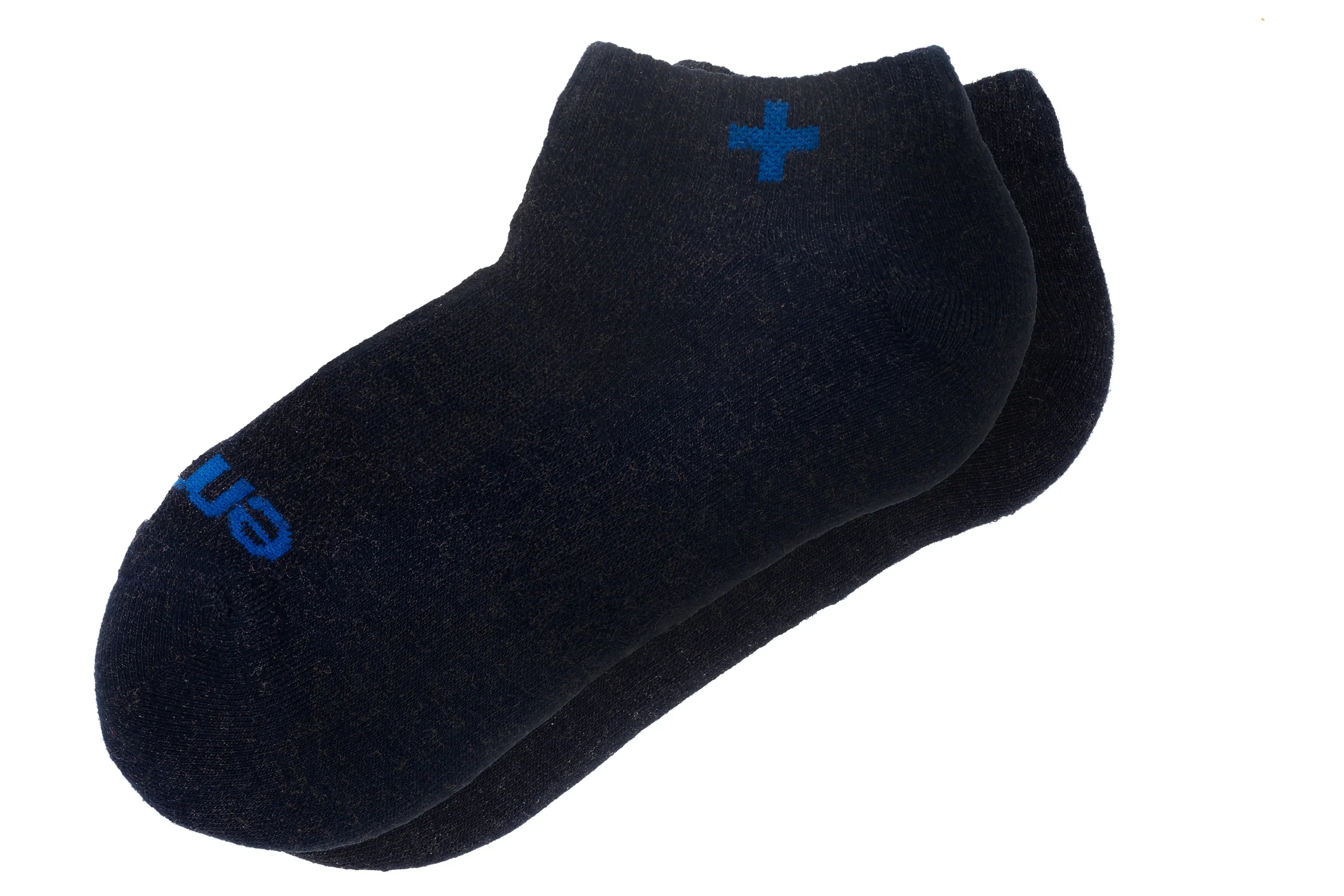 Pair of black low-cut socks with blue logo.