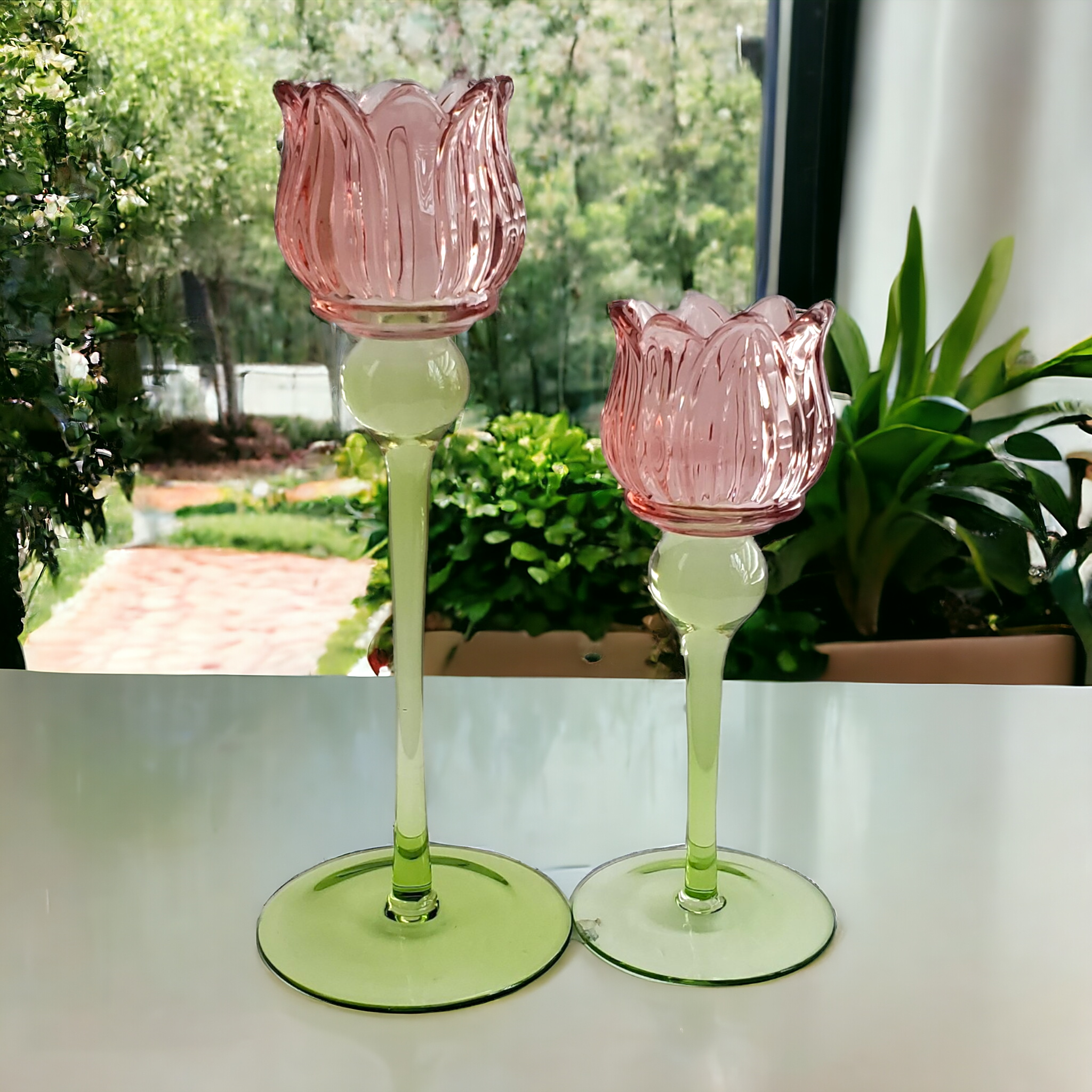 Rose Pink Glass Candle Holders- Set of 2 Roses 8", 10.5"
