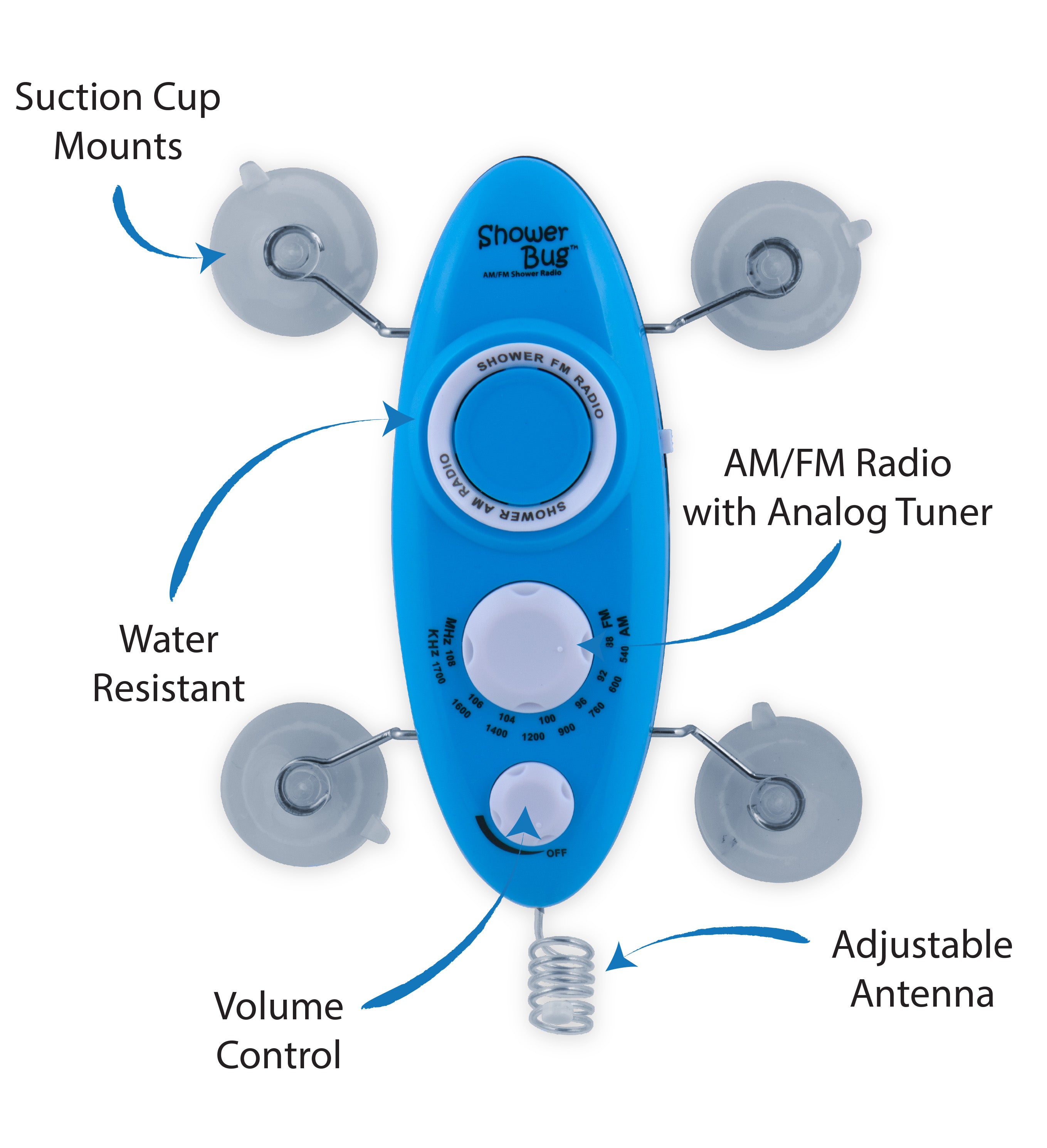 Zadro AM/FM Radio Shower Bug Waterproof and Suction Cup Wall Mounting