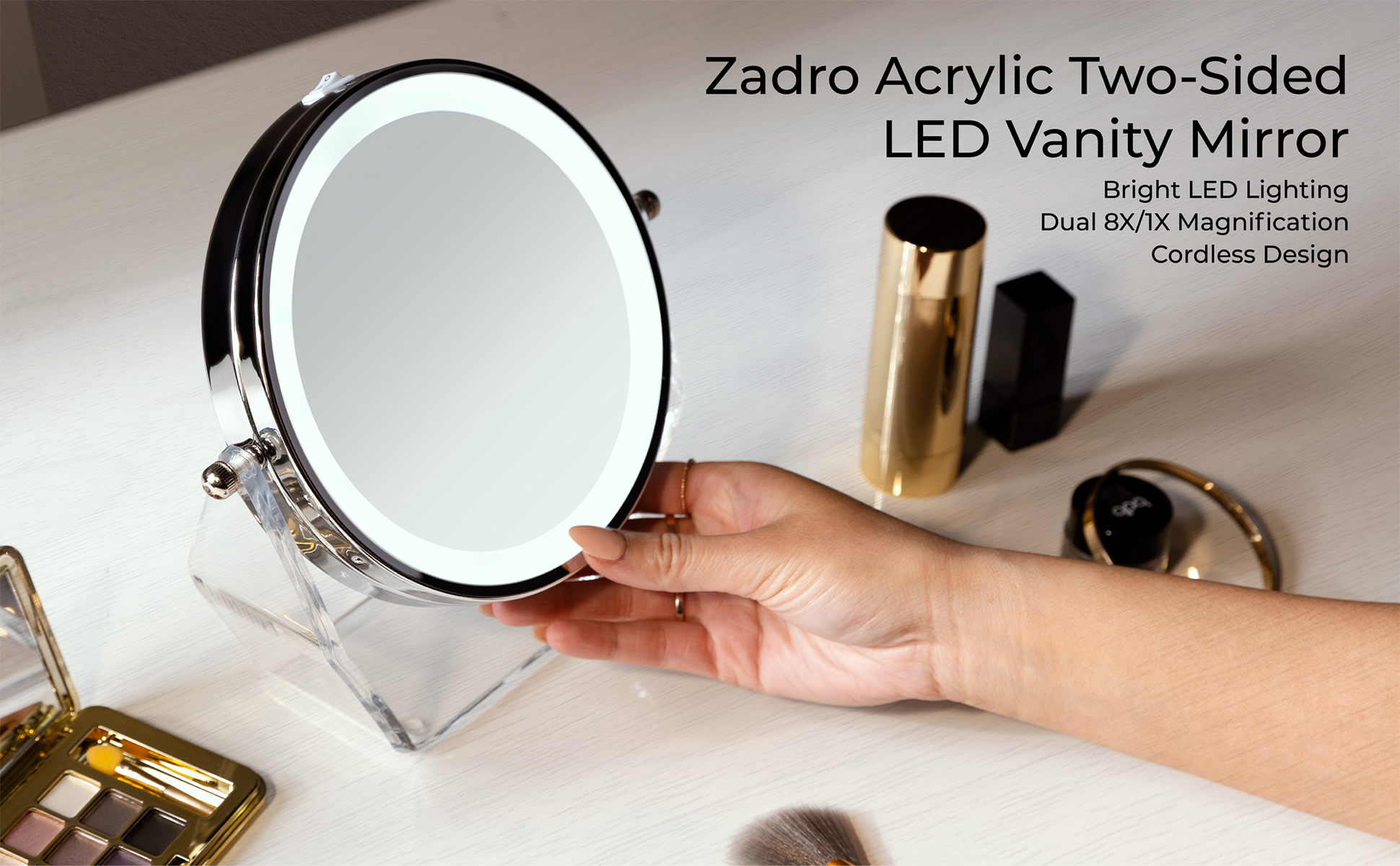  Zadro Espejo de maquillaje de belleza con ventosa giratoria  Z'Swivel de aumento con luz LED 10X, color blanco : Belleza y Cuidado  Personal
