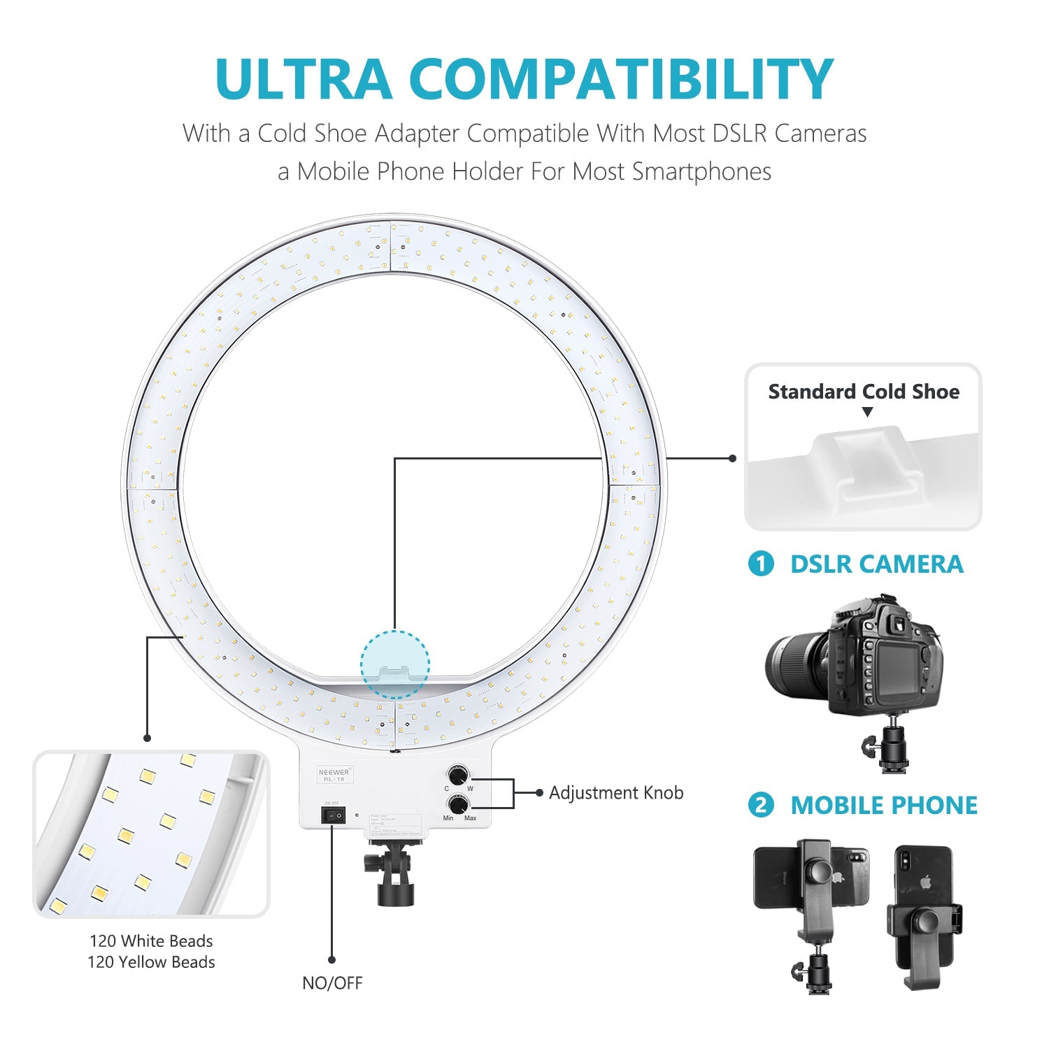  Neewer Anillo de luz LED RL-12 de 14 pulgadas exterior/12  pulgadas en el centro con soporte de luz, filtro de color, soporte de  teléfono para maquillaje, , TikTok, grabación de video