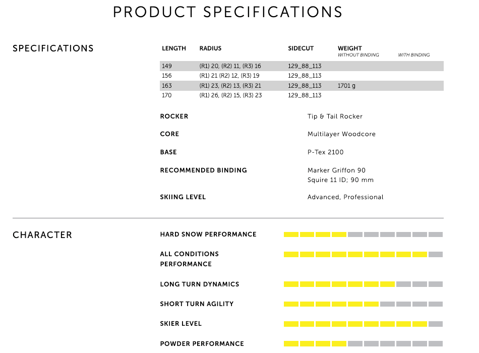 Kenja 88 Ski specifications from rocker, core, base, recommended binding, and ski level. Also includes ski character stats from turn dynamics, to snow and powder performance.