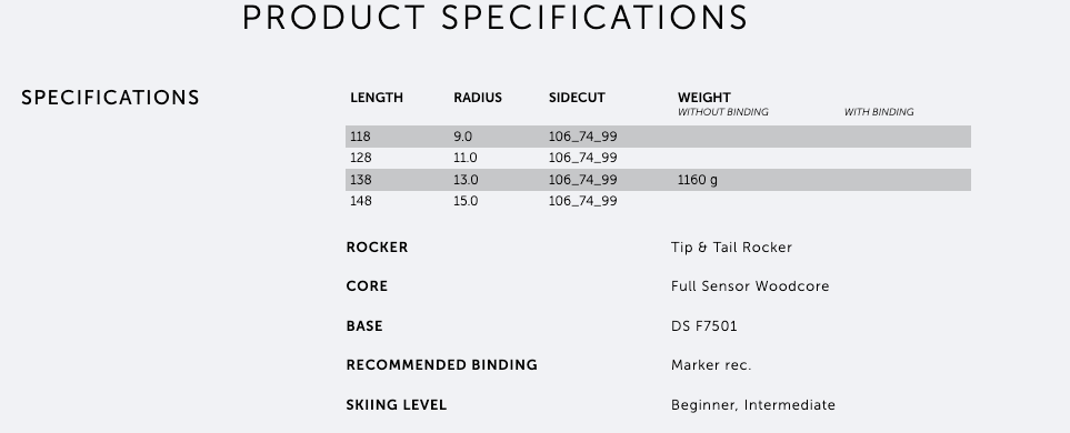 Revolt Jr. Specifications including rocker, core, base, and ski level.