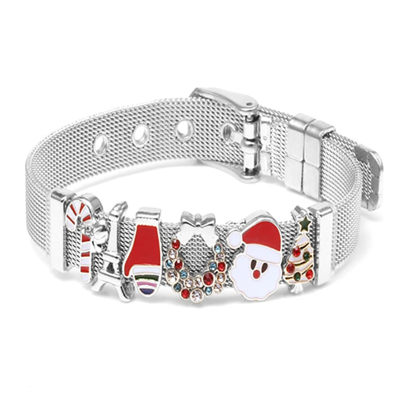 Silver Color Charm Mesh Bracelets For Women Original 10mm Santa Claus Beads Stainless Steel Bracelet Bangle 2021 Christmas Gift Look Fabulous Boutique