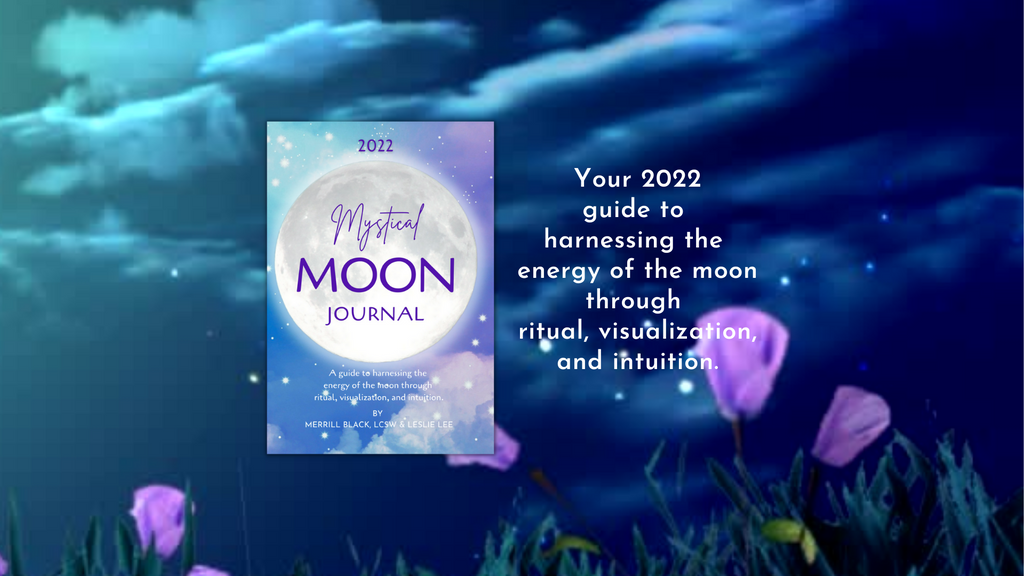 the mystical moon journal book floats on a background illustration of the night sky