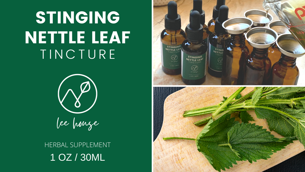 a collage image of tincture bottles, nettle leaf on a cutting board, and the label for the Stinging Nettle Leaf Tincture Bottles