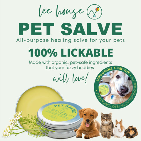lee house pet salve - 100% lickable displays image of amazing pet salve, yarrow flowers, and satisfed pet customers