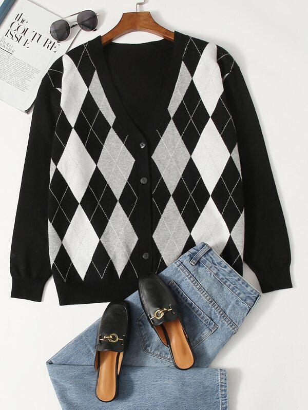 Plus Argyle Pattern Button Front Cardigan - INS | Online Fashion Free Shipping Clothing, Dresses, Tops, Shoes