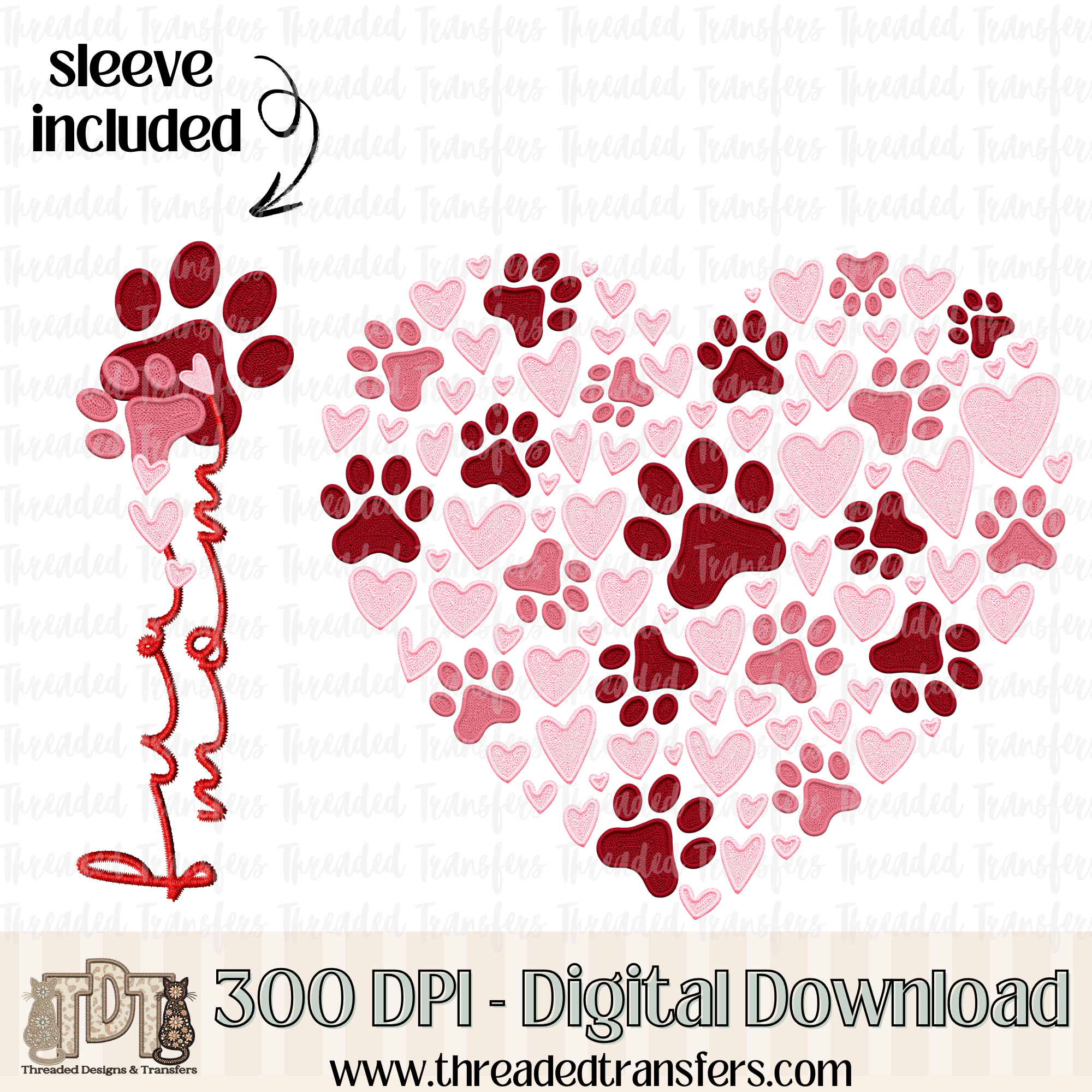 Paw Print Heart & Matching Sleeve Faux Embroidery Digital Design Download (PNG Format - no product shipped)