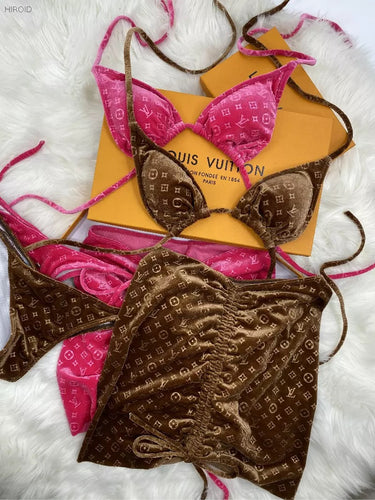 Louis Vuitton, Swim, Louis Vuitton Monogram Lv Velvet Brown Gold 3 Piece Bikini  Swimsuit Swim New