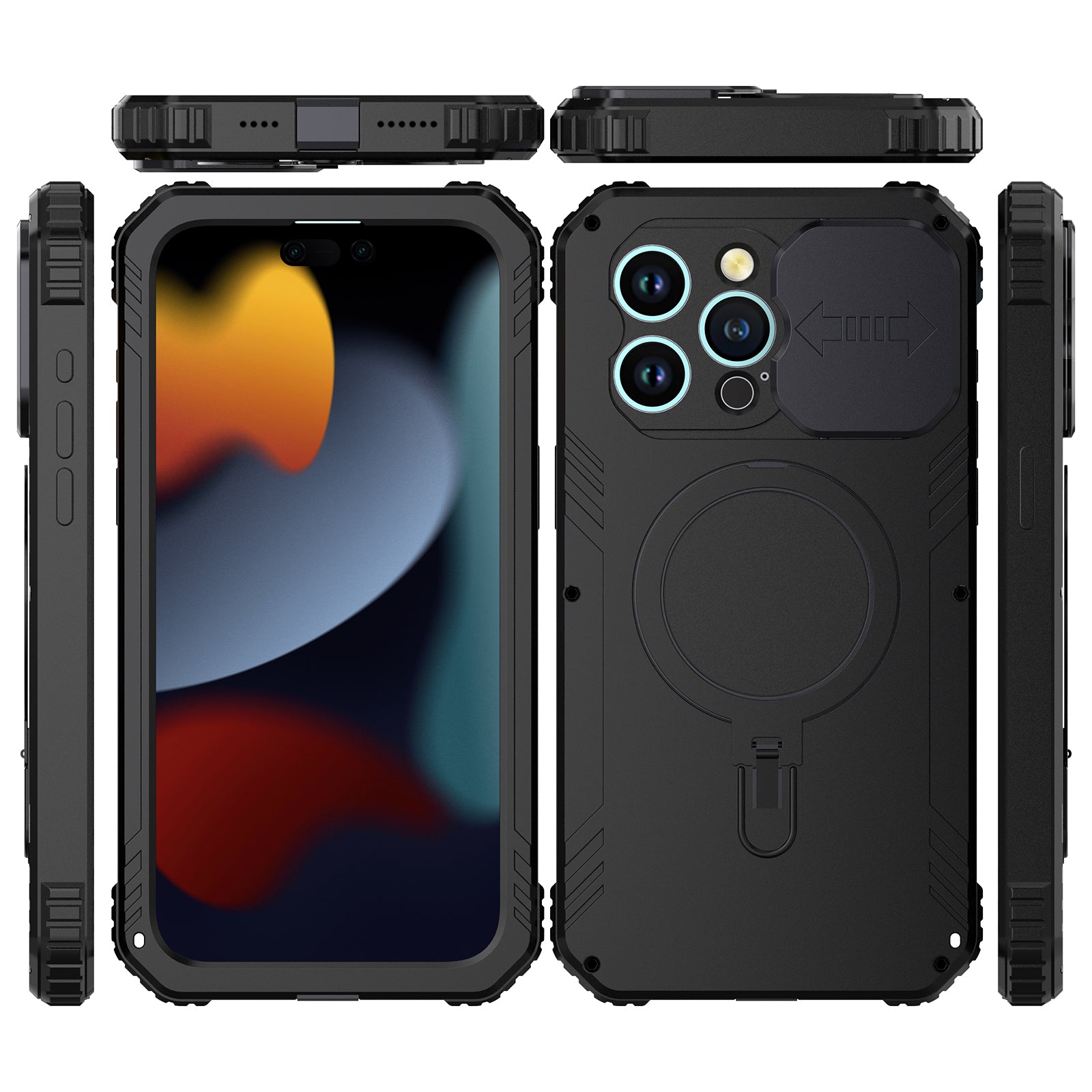 Luxury Military Apple iPhone 15 Pro Max Magsafe Case 360 Rugged Armor Bumper Metal Camera Lens Slide Cover Kickstand