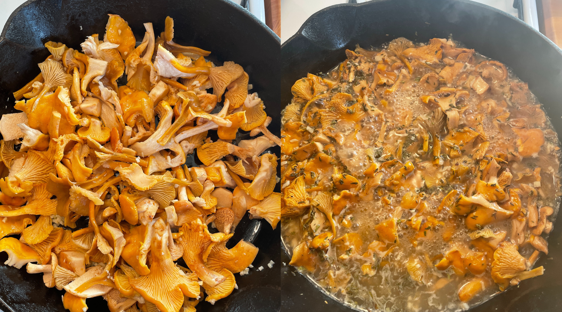 Alaska wild foraged mushrooms are sauteed in a cast iron skillet with garlic, wine, and butter