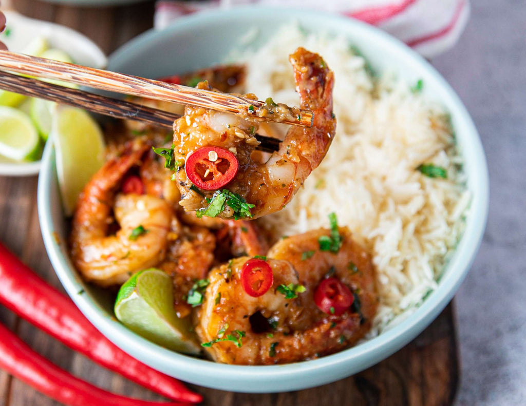 Sealand chili lime shrimp in a bowl with rice