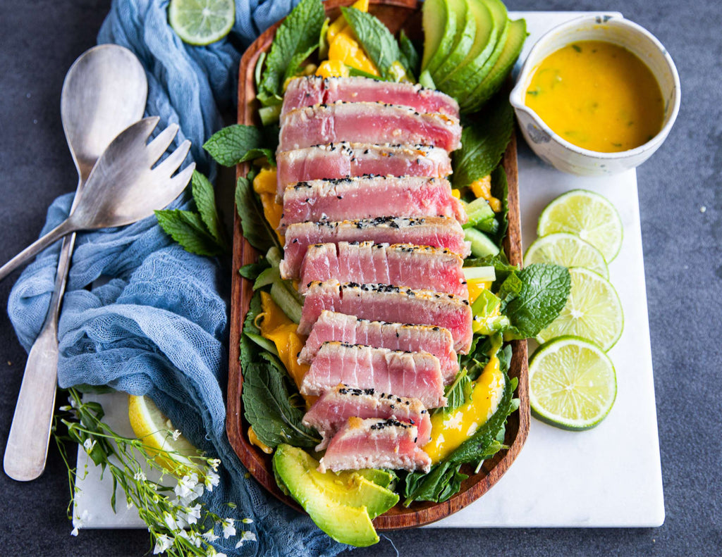 Sealand tuna saku steak grilled and sliced and served with a mango avocado salad