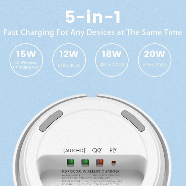 AW003 32W Desktop Wireless Charging Station with 4-Port PD/QC3.0 Fast Charging