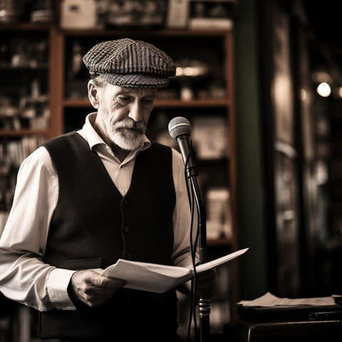 photo of am a man reading poetry for an audience, he is wearing a newsboy cap