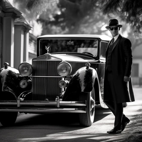 A refined gentleman steps out of a 1920 Rolls Royce, his silhouette accentuated by the wide brim of his elegant Agnoulita fedora. The scene is timeless, a blend of old-world charm and contemporary style.