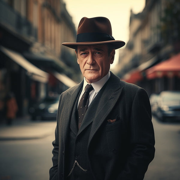 Classic gentleman with a Homburg hat, standing on a Parisian street at twilight. The older, distinguished man wears a classic tailored suit, and his Homburg hat is expertly crafted from felt. The soft twilight ambiance is skillfully captured using a Sony A7S with a 50mm f/1.8 lens.