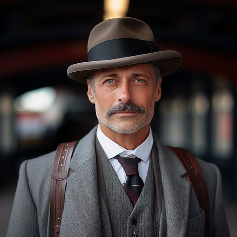 Distinguished businessman wearing a grey felt Agnoulita Solaris Homburg hat in a vintage train station, surrounded by cool color tones, symmetrical architecture, and early morning light.