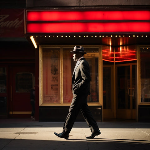 A gentleman in a suit and Agnoulita hat confidently strides past a theater with a glowing red marquee, capturing the essence of timeless style against an urban backdrop.