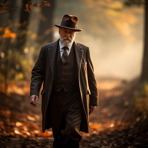 Older gentleman wearing a Homburg hat, distinguished by a beard and weathered smile lines, stands in a dewy autumn forest during dawn. The light of the golden hour filters through the trees, creating a misty and enchanting scene, with ground foliage and rust-colored leaves.