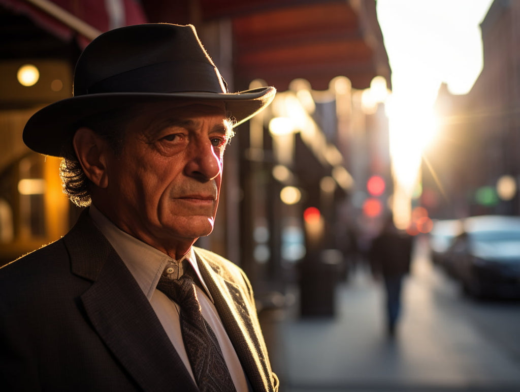 Man wearing a felt Homburg hat with a dented crown and a 2-inch rolled brim, strolling along a lively city street with historic architecture, passing pedestrians, and bathed in the warm glow of late afternoon light.