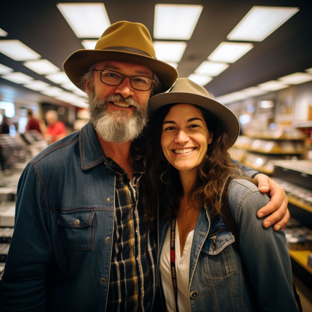 A couple wearing stylish Agnoulita felt fedora hats browsing a record store filled with vinyl records. The scene is filled with enthusiastic shoppers, and the warm indoor lighting adds to the inviting atmosphere.