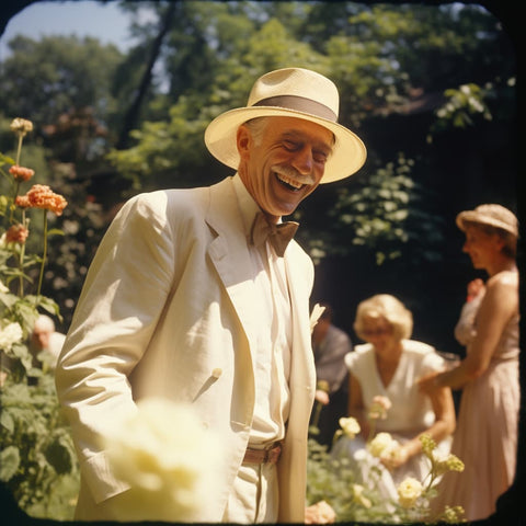 An older man at a garden party on a sunny afternoon with his Agnoulita Panama Hat