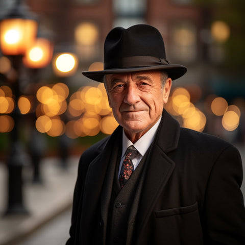 An older man exuding timeless charm, wearing a classic Agnoulita Homburg hat