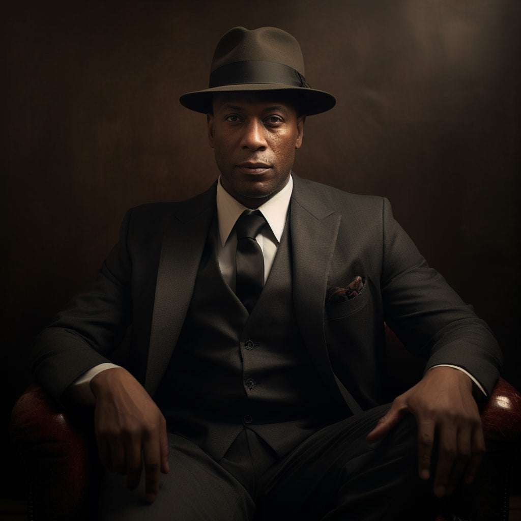 Classic portrait of a jazz musician in an Agnoulita fedora hat, perfectly matching his dark suit. The image captures the vintage vibes of a bygone era, evoking the timeless allure of jazz.