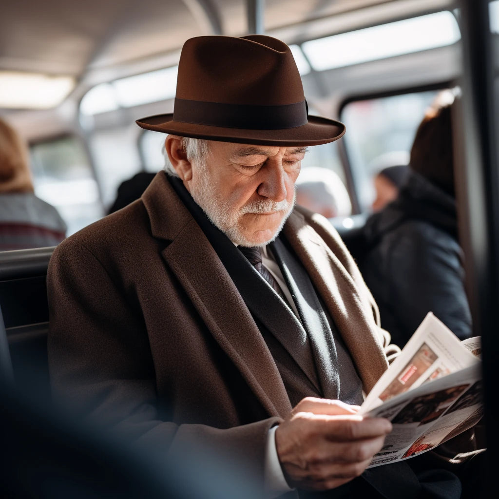 Elderly gentleman in an Agnoulita Homburg hat with a slight side dent, engrossed in reading a newspaper during his daily commute on the bus.
