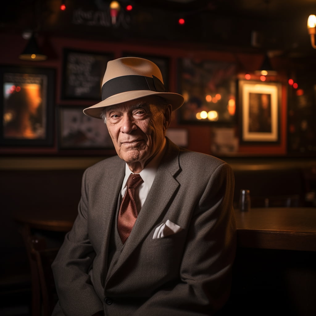 Elderly man in a suit vest and an Agnoulita fedora with a center dent crown and downturned brim, set against the backdrop of a jazz club. The ambiance is characterized by low light and soft ambient lighting, evoking a nostalgic vintage music scene