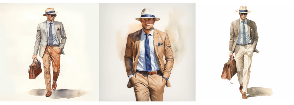 Three illustrated fashion portraits of a man in a sharp suit, wearing a fedora hat and sunglasses. In each depiction, he carries a leather briefcase and is dressed in shades of beige, blue, and brown. The man exudes sophistication and style, showcasing the elegance of pairing a fedora hat with a suit.