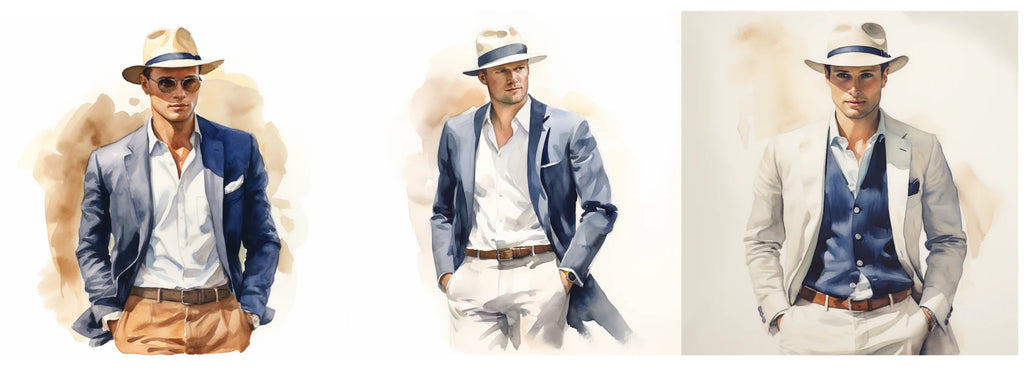 Three watercolor illustrations showcasing a stylish man in a casual suit styles paired with different poses wearing a fedora hat.