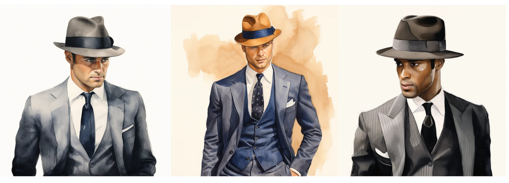 A series of three illustrations showcasing men in suits wearing different styles of fedora hats. From left to right: A man in a light gray suit with a matching gray fedora, a man in a navy blue suit with a contrasting brown fedora, and a man in a dark gray suit with a black fedora.