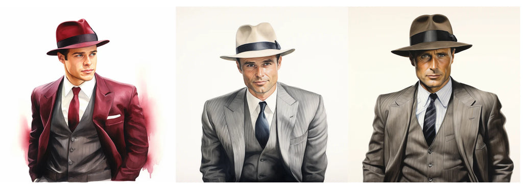 Three illustrated portraits showcasing men in different suits and fedora hats. From left to right: a young man in a deep red suit and matching fedora; a middle-aged man in a light gray suit and white fedora; and an older man in a dark gray suit with a classic brown fedora.