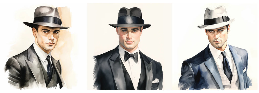 A series of three watercolor illustrations depicting a stylish man in a suit wearing fedora hats in different styles and colors. From left to right: a light gray fedora, a classic black fedora, and a two-tone gray fedora.