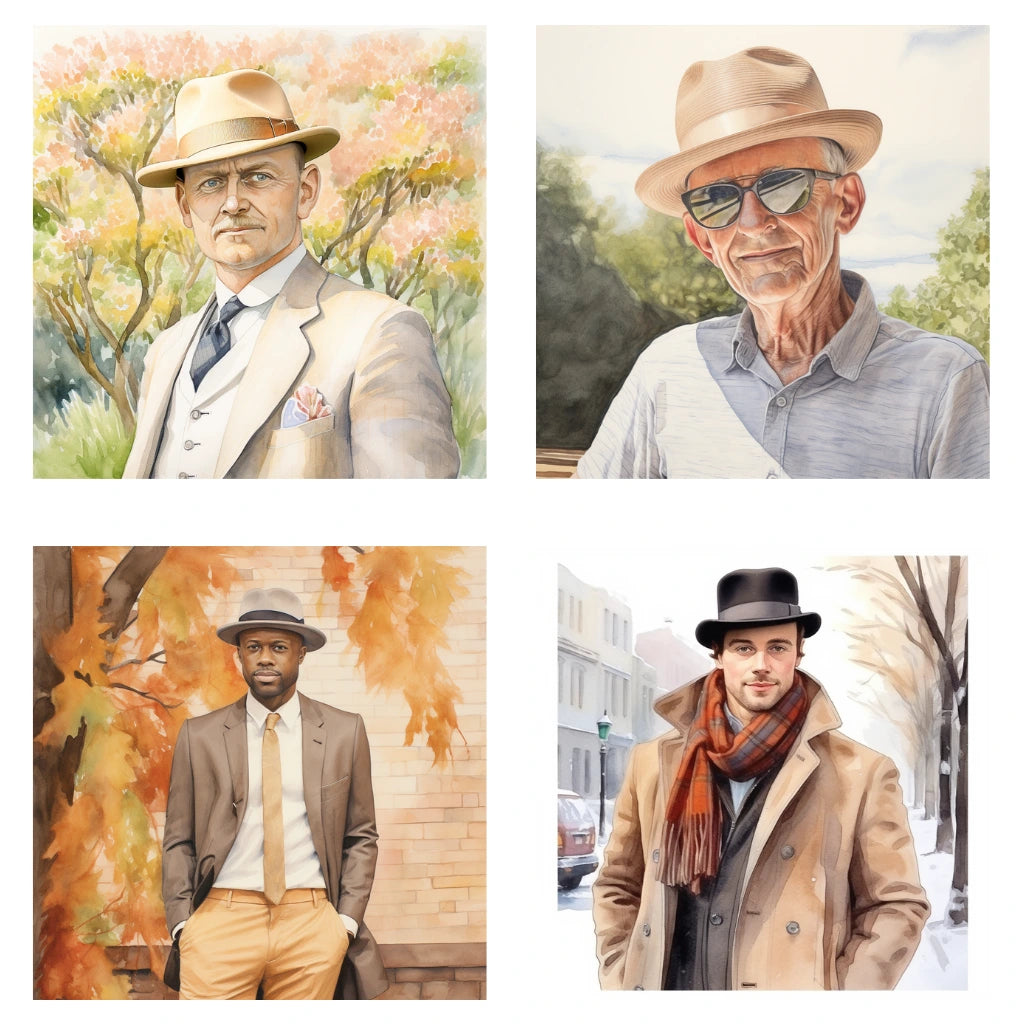 Quartet of illustrations featuring four distinct men, each donning Agnoulita Homburg hats. Top left: middle-aged man in a light suit with a background of blossoming trees. Top right: elderly man in sunglasses and casual attire amidst a green backdrop. Bottom left: younger man in a suit with autumn leaves surrounding him. Bottom right: man in winter attire with a snowy city street in the background.