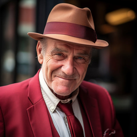 Gentleman with a soft smile wearing a burgundy fedora, showcasing textured wrinkles, captured in natural light in a mid-shot photograph