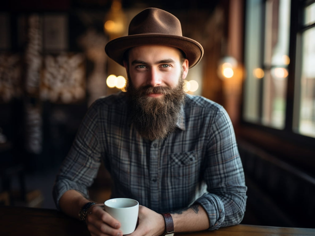 Hipster man with a full beard, wearing a brown Agnoulita felt fedora and a plaid shirt, inside a cozy coffee shop. The soft indoor lighting creates an intimate atmosphere, with a bokeh background adding to the close-up composition.