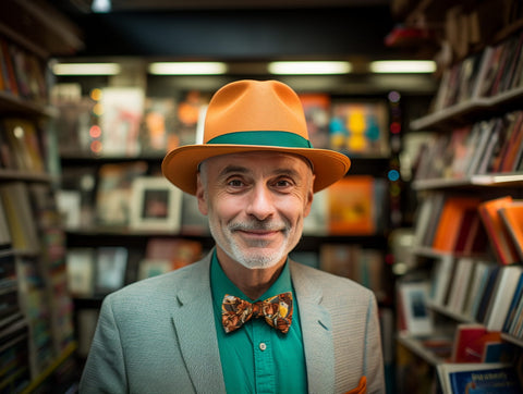 Man wearing a Panama fedora hat and a bow tie, browsing in a book store. The wide-angle shot follows the rule of thirds, capturing the vibrant colors and bright artificial lighting that add to the inviting ambiance