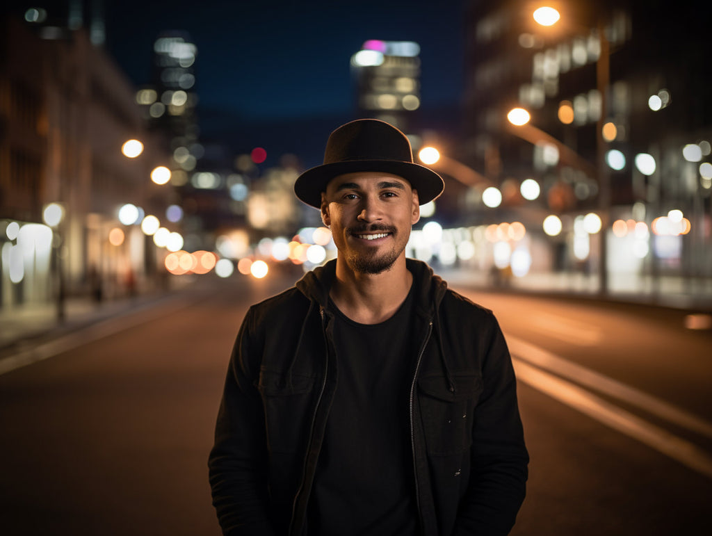 Man in a flat - brimmed porkpie hat, in an urban setting, night scene with city lights behind him