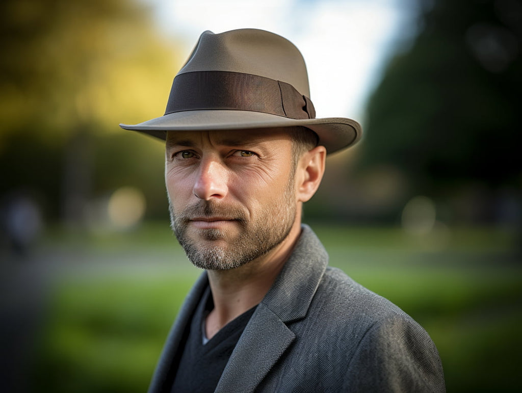 Man in his late 30s wearing an Agnoulita fedora hat made of grey beaver fur felt with an indented crown. The scene is bathed in soft afternoon sunlight and set in a tranquil park.