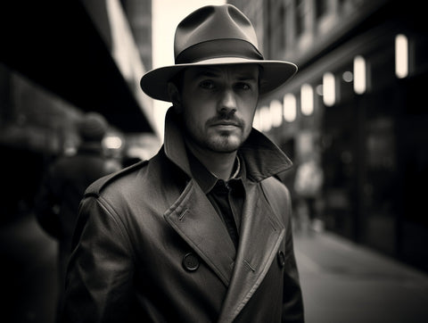 Black and white photo of a man in a trench coat and an Agnoulita fedora with a center dent crown and a 3-inch brim, captured on a rainy city street. The image is characterized by cool tones and a noir style ambiance.