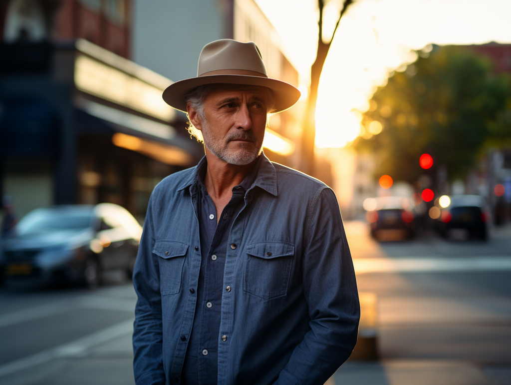 Man with a casual style, wearing a denim shirt and a felt fedora with a teardrop crown and a 3-inch brim. The image is set during dusk with golden hour lighting, showcasing the city street background.