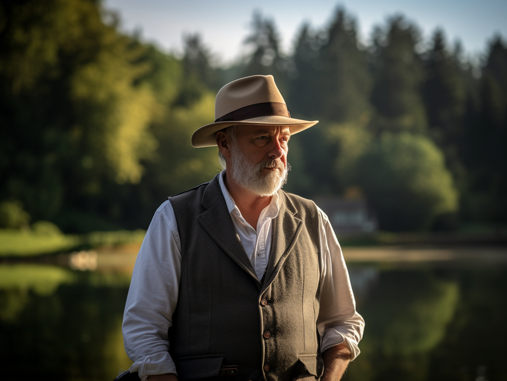 Middle-aged man wearing a fishing vest and a casual fedora with a pinched crown and a 3-inch brim, enjoying a serene morning of fishing by the lakeside in the gentle morning light.