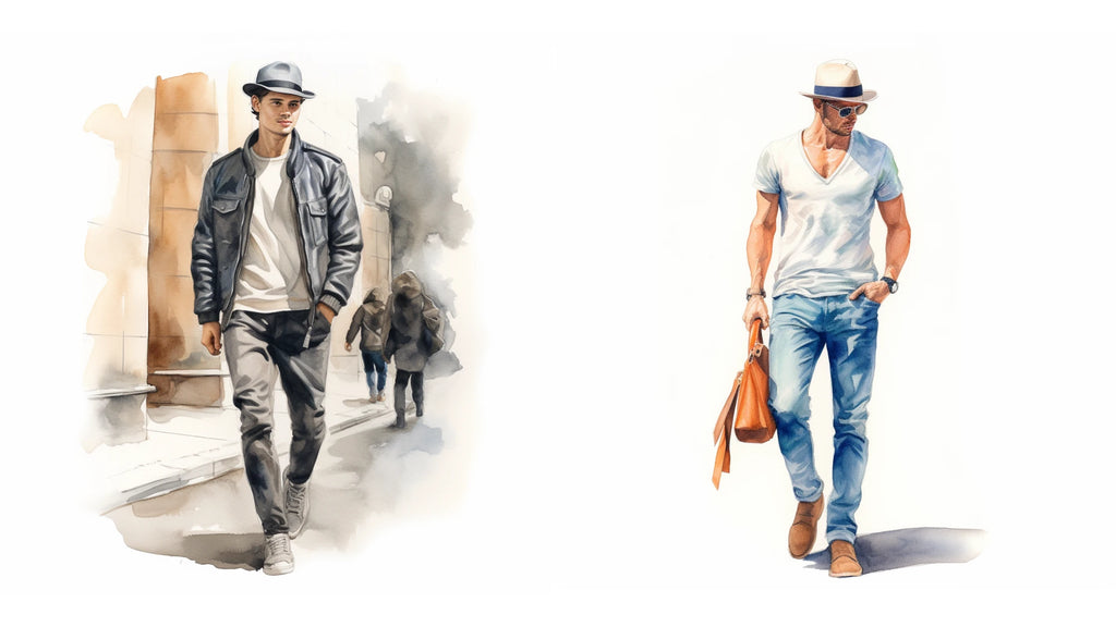 Two watercolor illustrations: Left depicts a young man in a leather jacket and gray hat in an urban setting; Right shows a man in sunglasses, a white shirt, and hat, holding an orange bag.